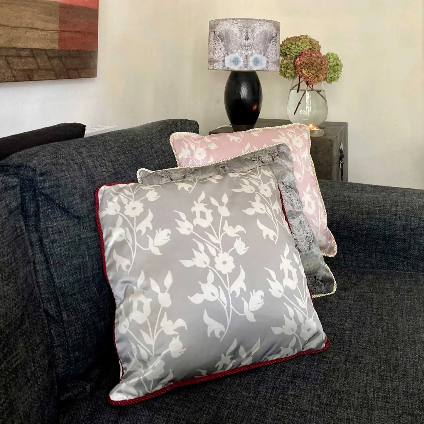 White Foliage on Grey Silk Cushion Long Studio Design