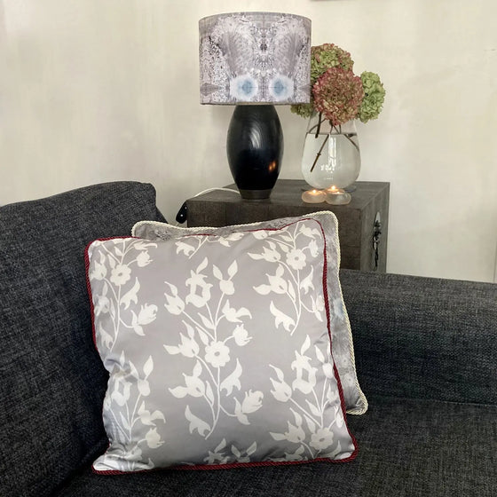 White Foliage on Grey Silk Cushion Long Studio Design