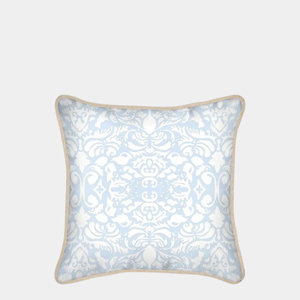 White Hummingbird Damask on Pale Blue Silk Cushion Long Studio Design