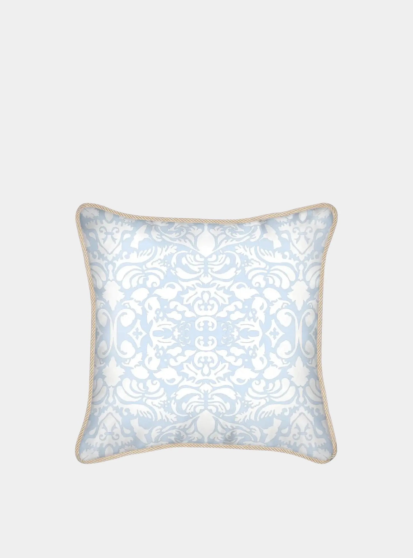 White Hummingbird Damask on Pale Blue Silk Cushion Long Studio Design