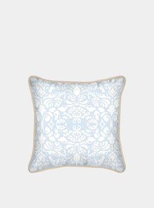  White Hummingbird Damask on Pale Blue Silk Cushion Long Studio Design