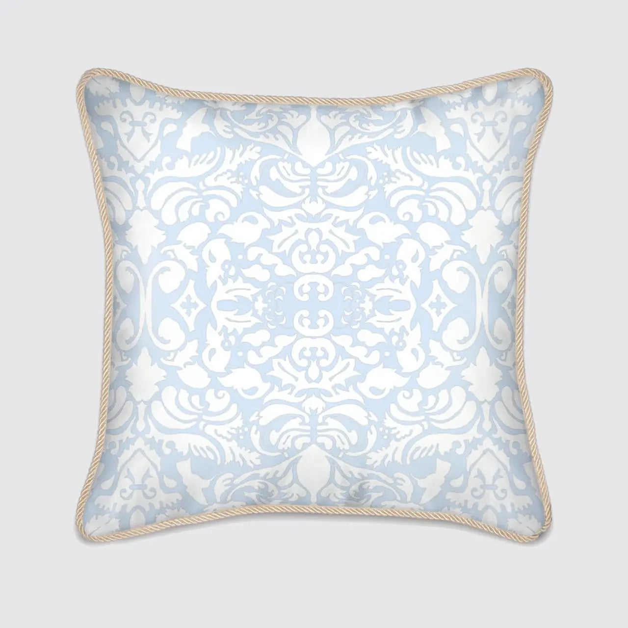 White Hummingbird Damask on Pale Blue Silk Cushion Long Studio Design