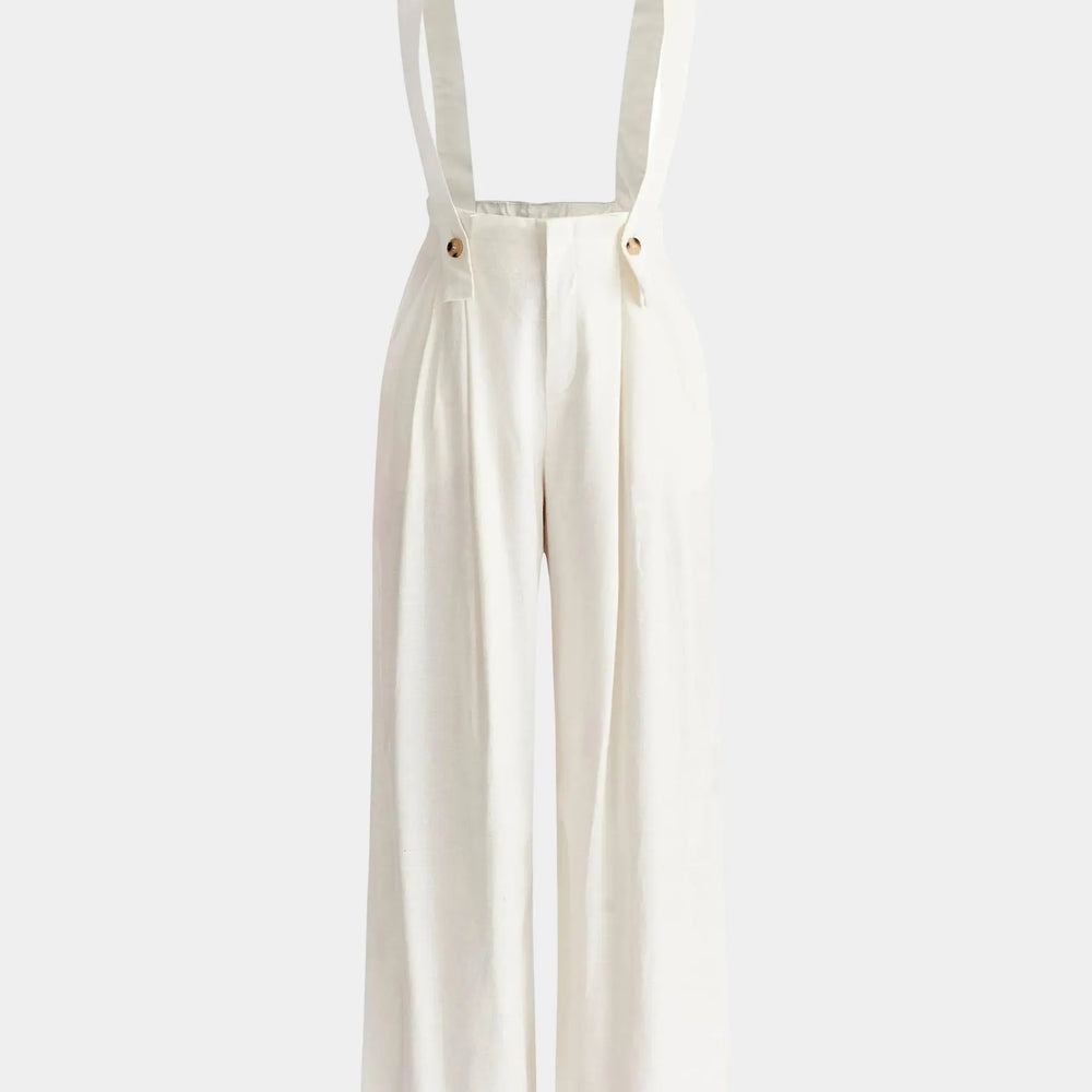 White Linen Blend Detachable Suspender Trousers Paisie