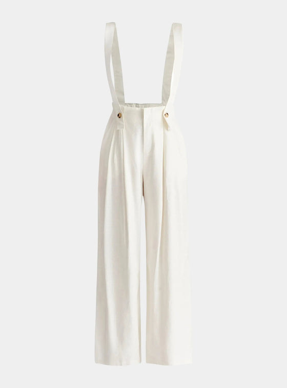 White Linen Blend Detachable Suspender Trousers Paisie