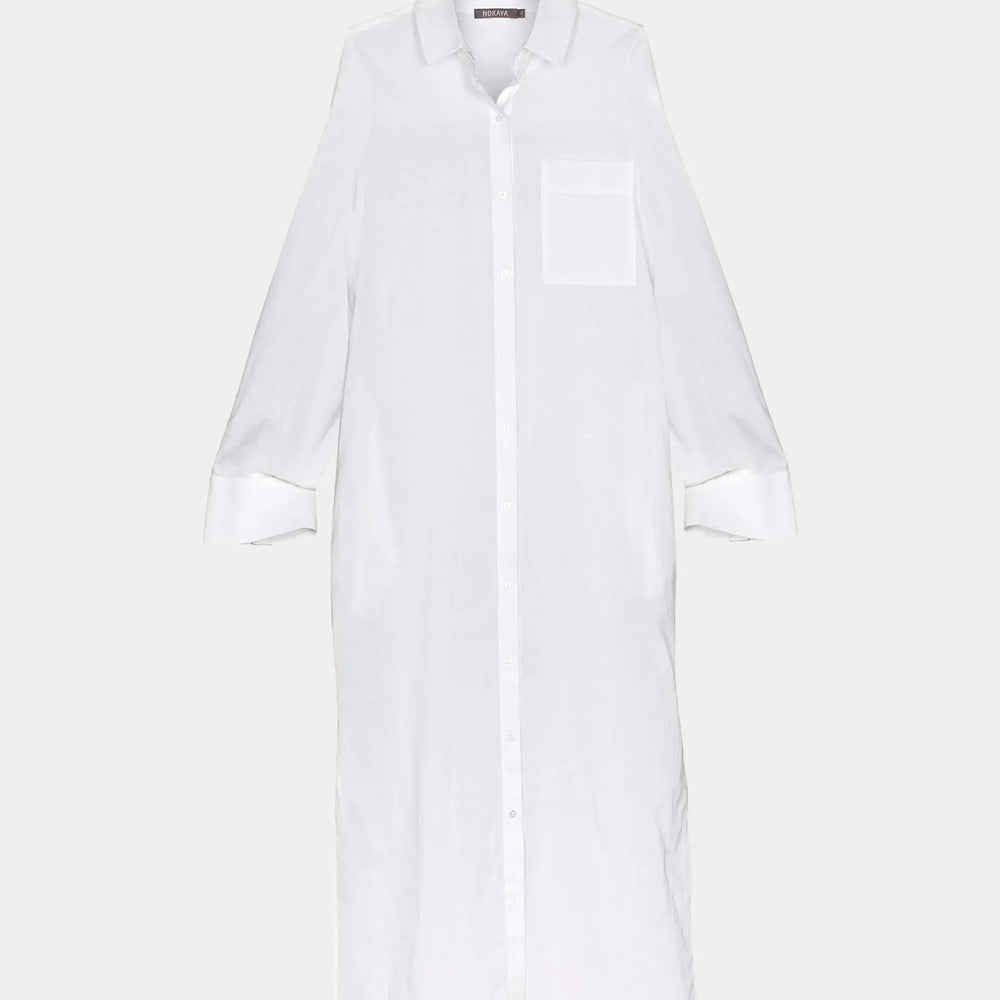 White Linen Voile Button-Down Long Shirt Dress NOKAYA