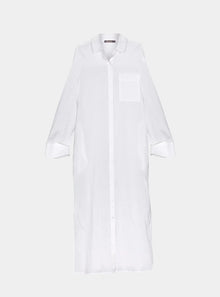  White Linen Voile Button-Down Long Shirt Dress NOKAYA