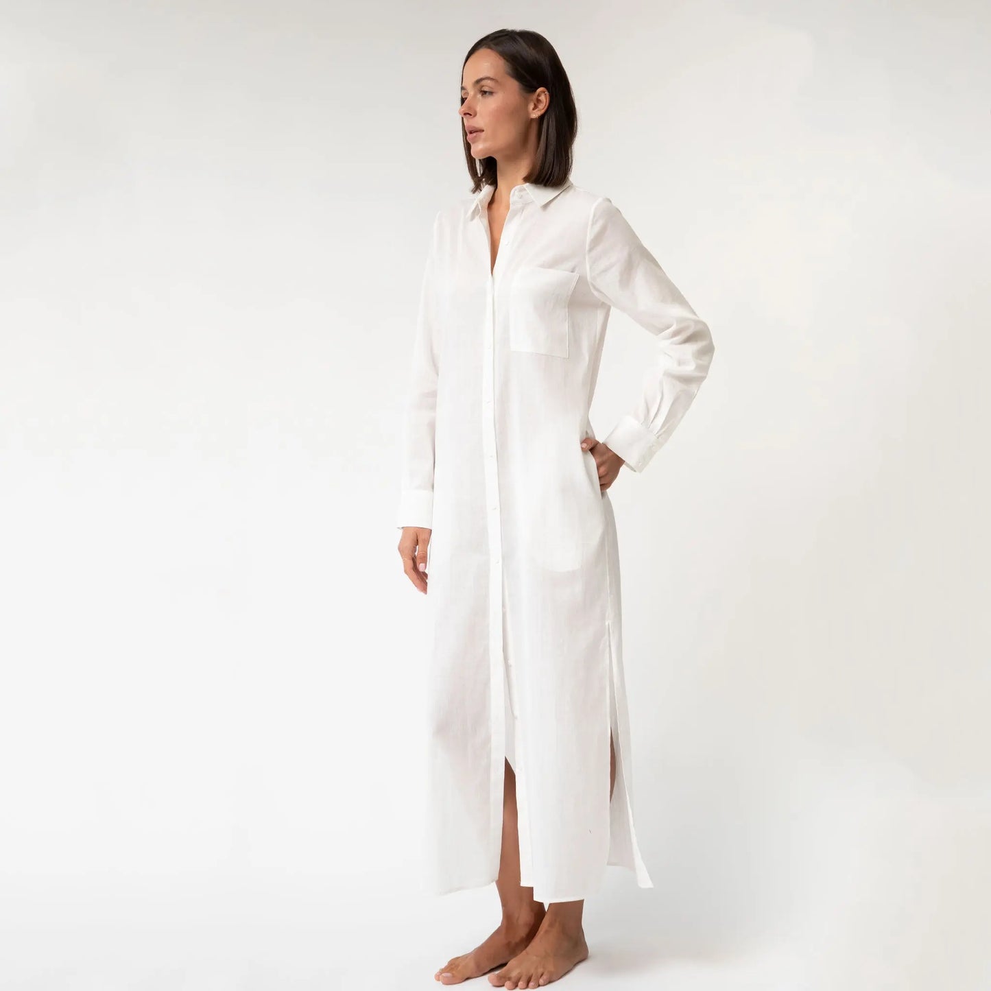 White Linen Voile Button-Down Long Shirt Dress - Myza