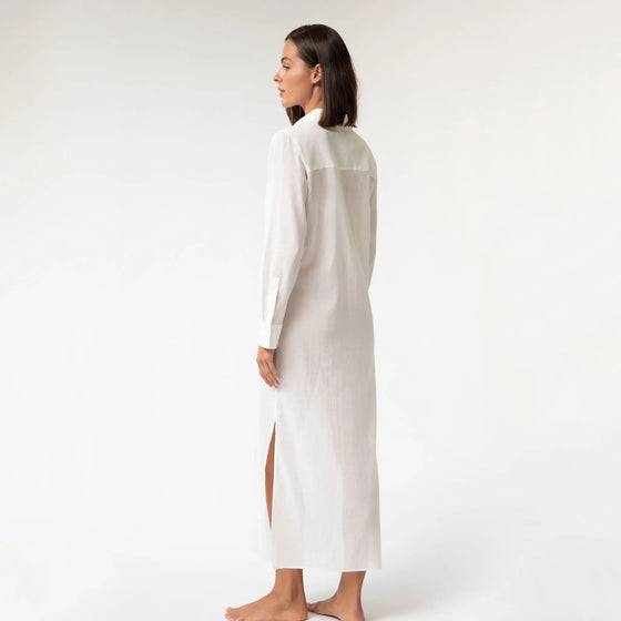 White Linen Voile Button-Down Long Shirt Dress - Myza