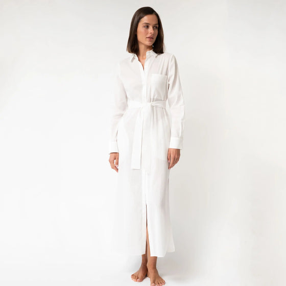 White Linen Voile Button-Down Long Shirt Dress - Myza