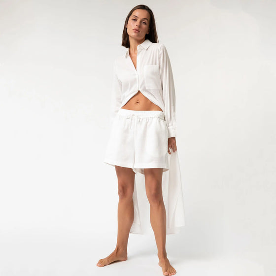 White Linen Voile Button-Down Long Shirt Dress - Myza