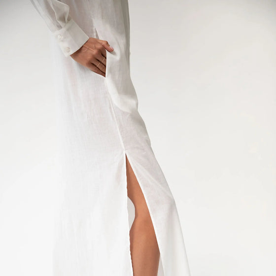 White Linen Voile Button-Down Long Shirt Dress - Myza