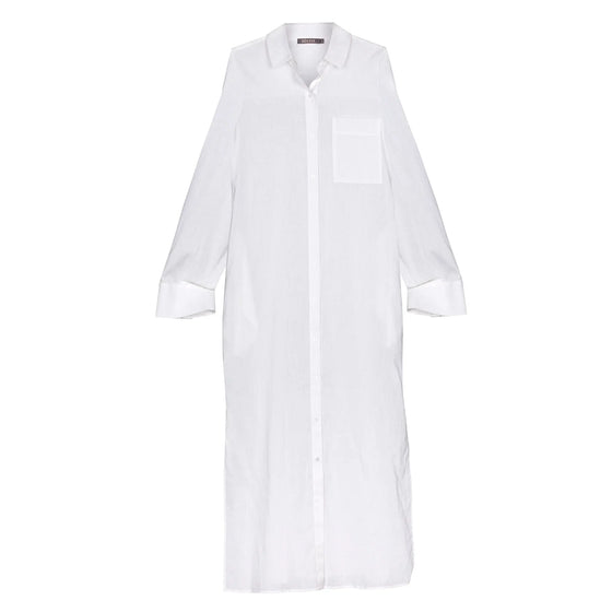 White Linen Voile Button-Down Long Shirt Dress - Myza