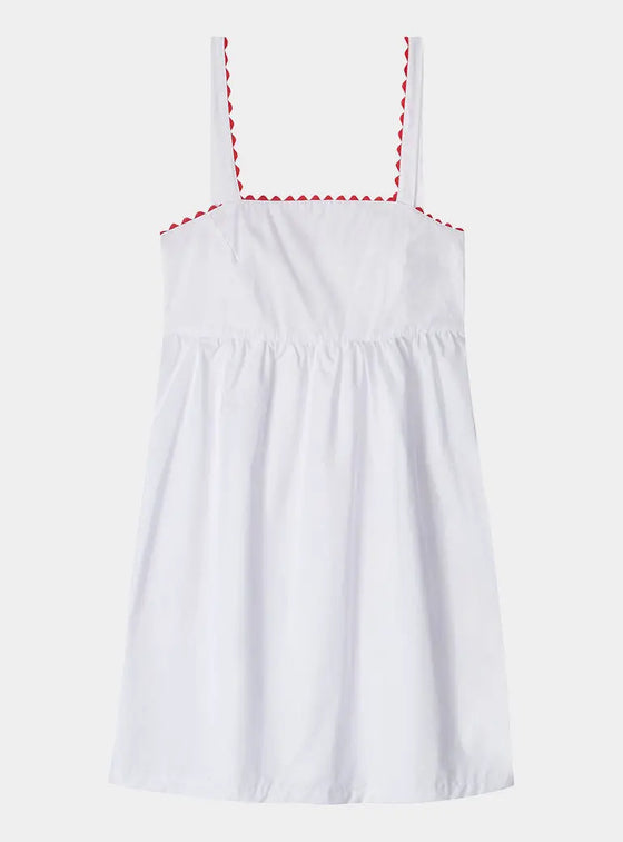 White Mini Nightdress With Red Ric Rac - 100% Cotton Poplin Sarah Brown London