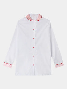  White Nightshirt With Contrasting Pink Collar and Cuffs and Red Ric Rac Trim - 100% Cotton Poplin Sarah Brown London