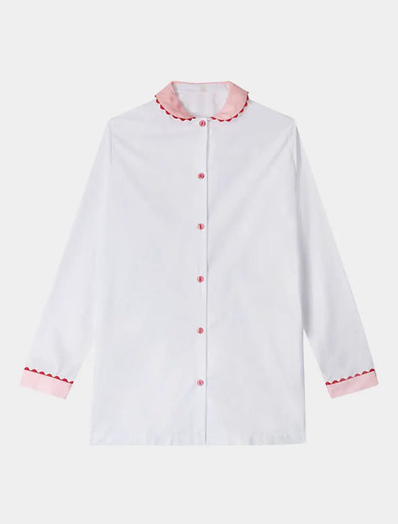 White Nightshirt With Contrasting Pink Collar and Cuffs and Red Ric Rac Trim - 100% Cotton Poplin Sarah Brown London