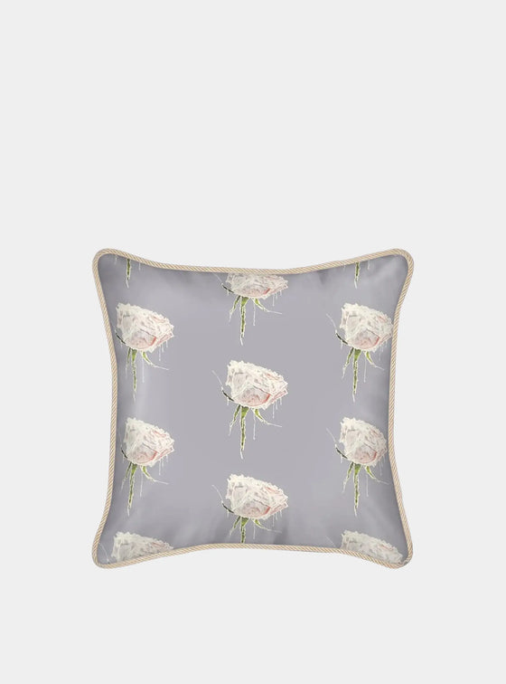 White Roses on Lavender Silk Cushion Long Studio Design