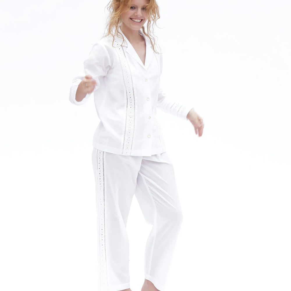 White Salvador Matching Set With Trim Long Sleeve Pyjamas AMOKA DALO