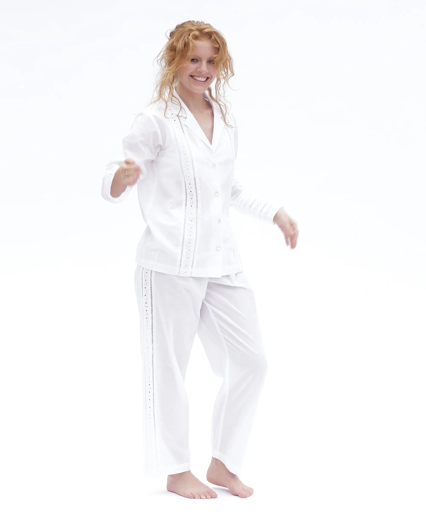 White Salvador Matching Set With Trim Long Sleeve Pyjamas AMOKA DALO