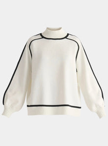  White and Black Contrast Stripe Piping Mock Neck Jumper Paisie