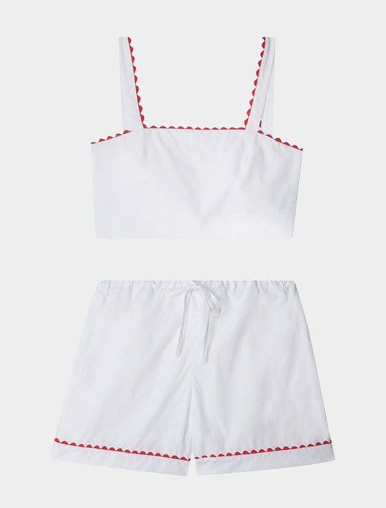 White Crop Top and Shorts Matching Set With Red Ric Rac Trim - 100% Cotton Poplin Sarah Brown London