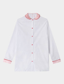  White Nightshirt With Contrasting Pink Collar and Cuffs and Red Ric Rac Trim - 100% Cotton Poplin Sarah Brown London