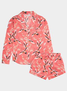  Japanese Crane on Coral Women's Long Sleeve Organic Cotton Pyjama Short Set
