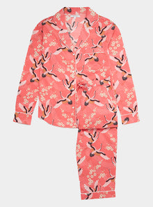  Japanese Crane on Coral Women's Long Sleeve Organic Cotton Pyjama Trouser Set
