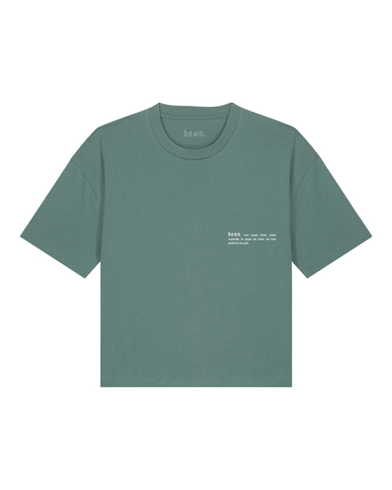 Womens Organic Cotton Boxy T-Shirt in Eucalyptus Green hewn.