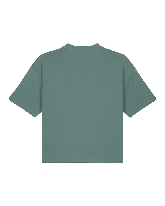 Womens Organic Cotton Boxy T-Shirt in Eucalyptus Green hewn.