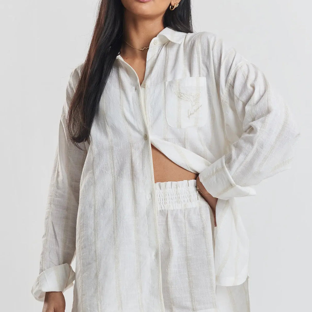 Yew Striped Ethical-Cotton Shirt - Summer Sand Beige Peachaus