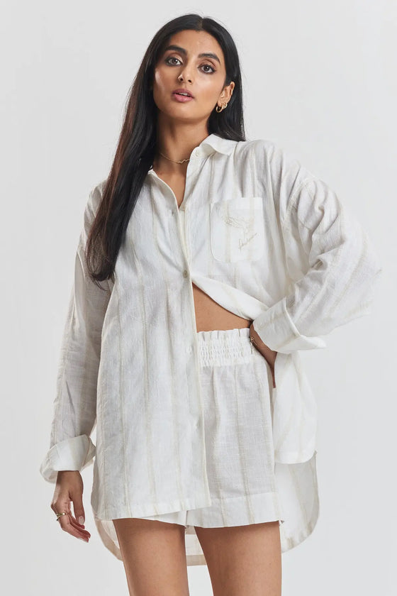 Yew Striped Ethical-Cotton Shirt - Summer Sand Beige Peachaus