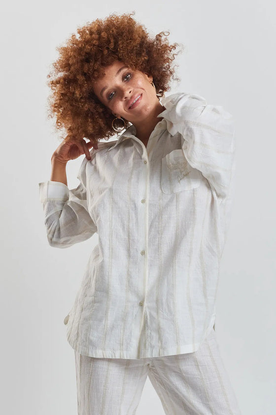 Yew Striped Ethical-Cotton Shirt - Summer Sand Beige Peachaus