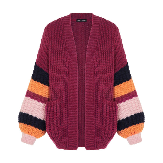 Allie Chunky Stripe Sleeve Cardigan - Berry