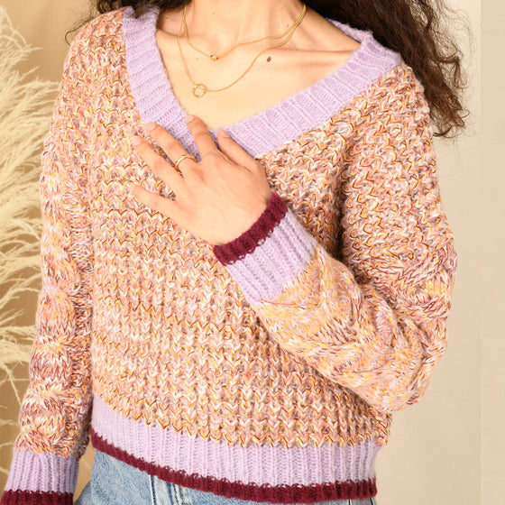 Amy V-Neck Cable Jumper - Rust, Pink & Lilac