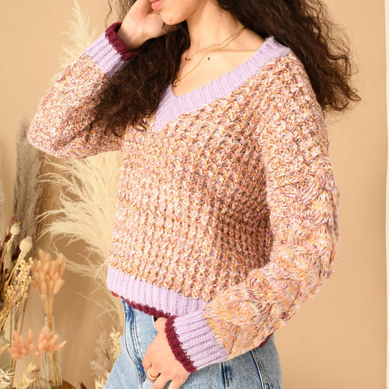 Amy V-Neck Cable Jumper - Rust, Pink & Lilac