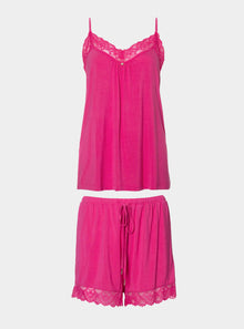  Bamboo Lace Cami Short Pyjama Set in Raspberry