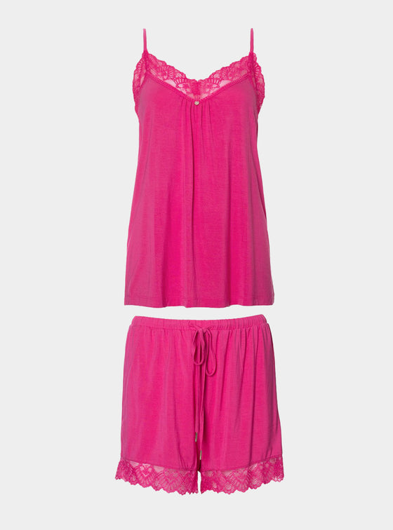 Bamboo Lace Cami Short Pyjama Set in Raspberry