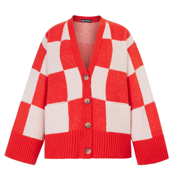 Candice Checked Wide Sleeve Cardigan - Red & White Cara & The Sky