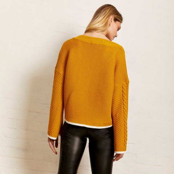 Emma v Neck Cable Jumper - Mustard