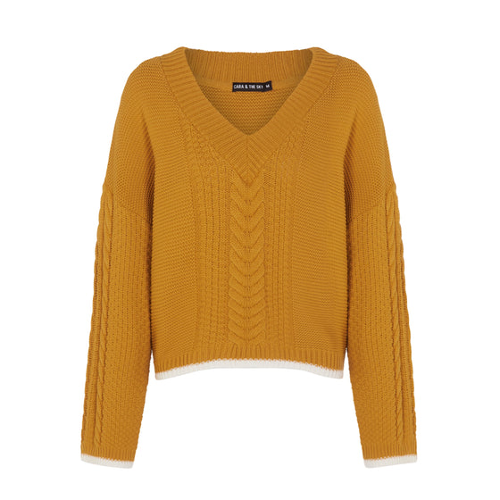 Emma v Neck Cable Jumper - Mustard