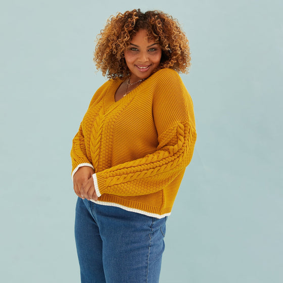 Emma v Neck Cable Jumper - Mustard