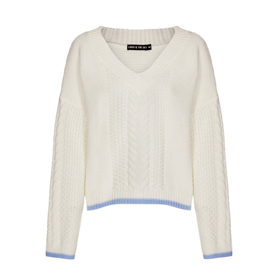 Emma v Neck Cable Knit Jumper - White