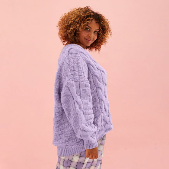 Gemma Basket Stitch Balloon Sleeve Chunky Knit Cardigan - Lilac