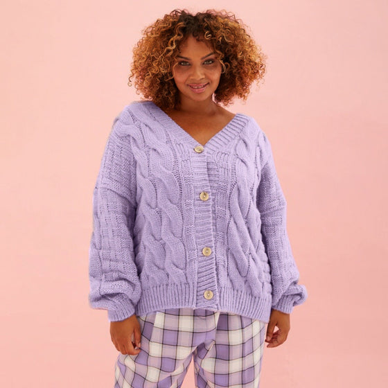 Gemma Basket Stitch Balloon Sleeve Chunky Knit Cardigan - Lilac