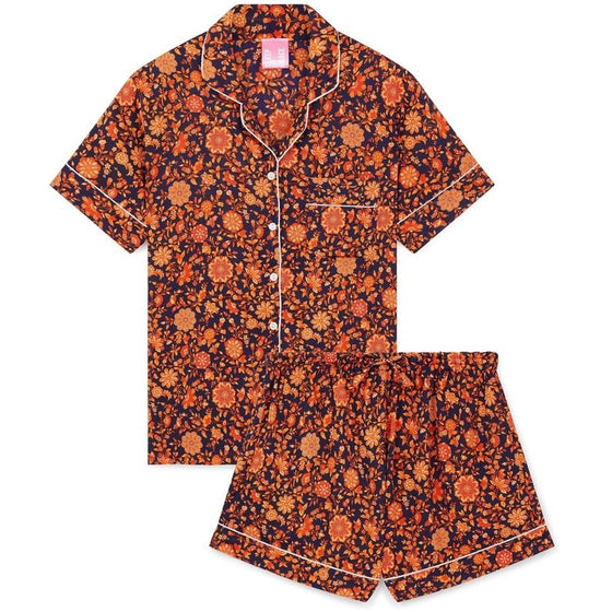 Orange & Navy Floral Women's Silk Pyjama Short Set