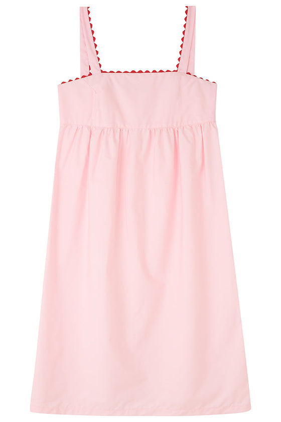 Pale Pink Midi Nightdress With Red Ric Rac - 100% Cotton Poplin Sarah Brown London