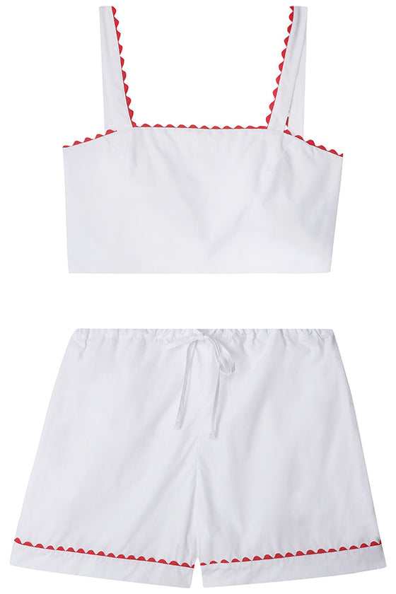 White Crop Top and Shorts Matching Set With Red Ric Rac Trim - 100% Cotton Poplin Sarah Brown London