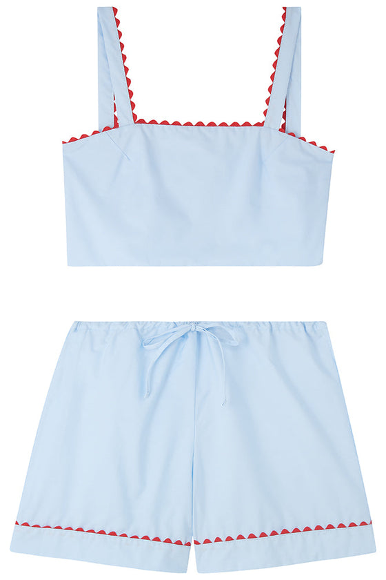 Pale Blue Crop Top and Shorts Matching Set With Red Ric Rac Trim - 100% Cotton Poplin Sarah Brown London