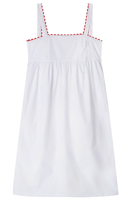 White Midi Nightdress With Red Ric Rac - 100% Cotton Poplin Sarah Brown London