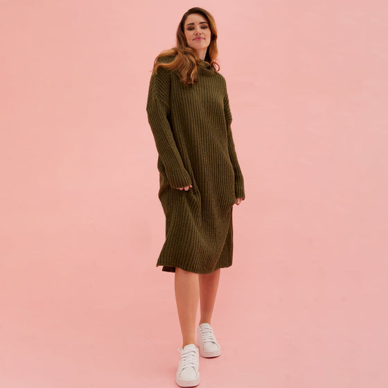 Joey Roll Neck Midi Dress - Khaki